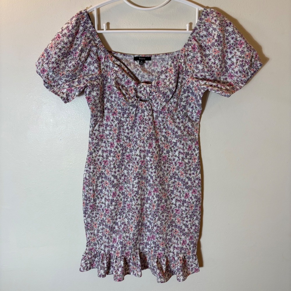 Blashe Floral‎ Puff Sleeve Mini Dress Purple Pink Ruffle Hem Size Medium